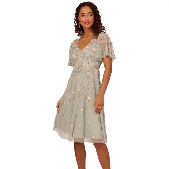 Adrianna Papell Women's V-Neck Beaded Midi Dress Frosted Sage Size 2 - Picture 1 of 5